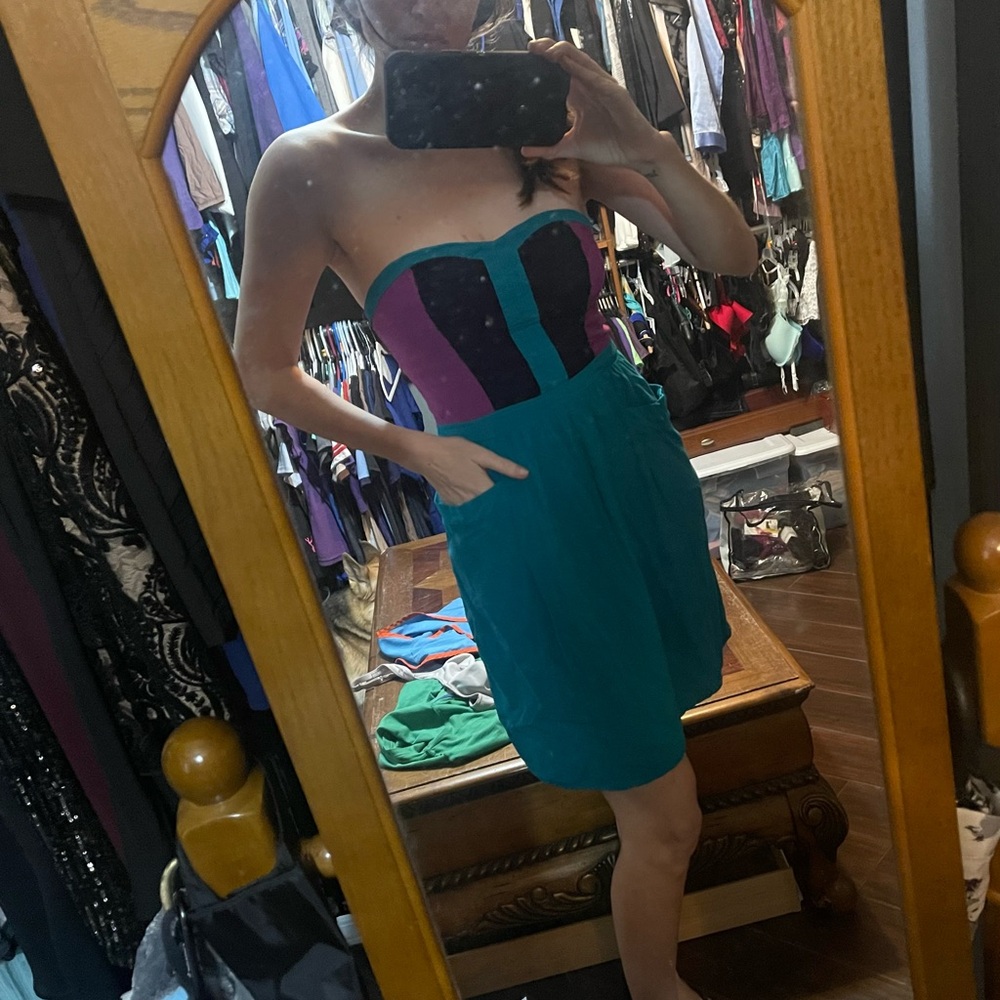 Pockets Strapless Colorblock Dress